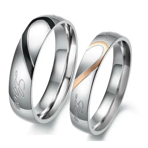 RTM2256 Love Couple Stainless Steel Ring Half Peach Heart Design in Black & Rose Gold