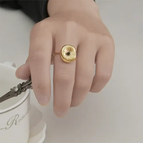 RTM2445 14K Gold Open Adjustable Ring with Round Black Turquoise for Women Elegant Jewelry