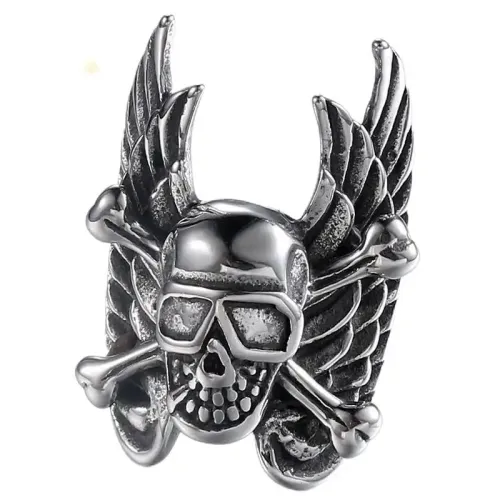 RTM620 Titanium Steel Skull Ring with Punk Wings Edgy Men's Jewelry