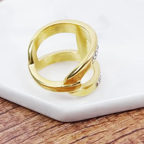 RTM251 18K Gold Ceramic Diamond Ring Women's Geometric Titanium Stainless Steel Band