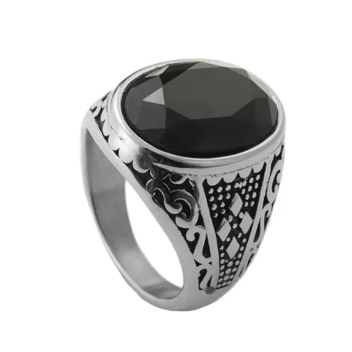 RTM1518 Elegant Black Stone Ring Oval Gemstone Stainless Steel Jewelry
