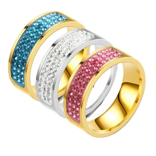 RTM716 Luxury Full Diamond Encrusted Stainless Steel Rings for Women Triple Row Design
