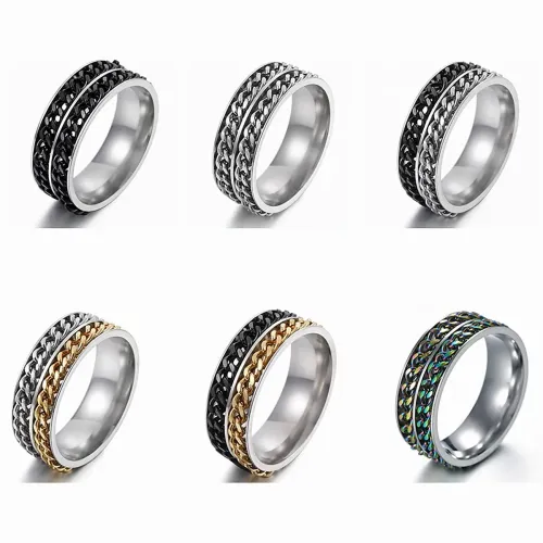 RTM1248 Men's Stainless Steel Double Chain Spinner Ring Stress Relief Jewelry Accessory