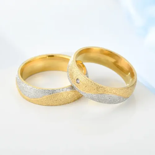 RTM717 Elegant Matte Gold Diamond Ring & Men's Stainless Steel Band Couple Jewelry Set