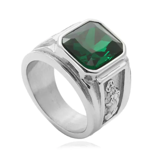 RTM1693 Pixiu Greenstone Gemstone Ring Punk Stainless Steel Fashion Accessory