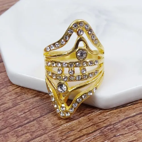 RTM409 18K Diamond Zircon Ring Women's Titanium Stainless Steel Geometric Band