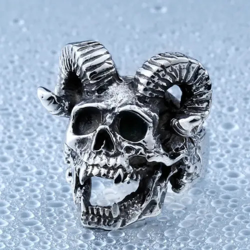 RTM2350 Men's Stainless Steel Punk Skull Ring Satan Sheep Head Design
