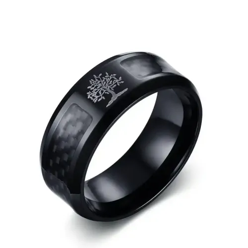 RTM35 Black Carbon Fiber 8MM Tree of Life Ring Men's Stainless Steel Jewelry
