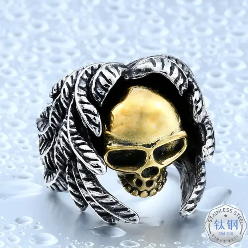 RTM2390 Winged Skull Men's Ring Stainless Steel with Brass Inlay Couples Jewelry