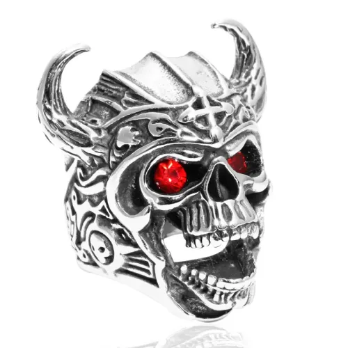 RTM2059 Red Eye Skull Ring with Horns Stainless Steel Ghost Head Band for Men