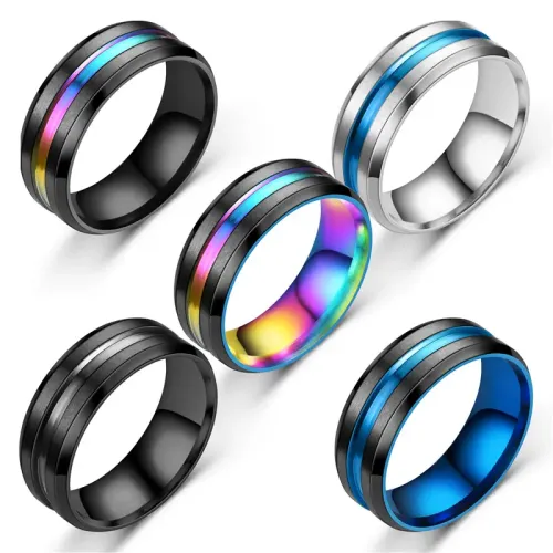 RTM2677 New Men's Stainless Steel Bevel Edge Ring Colorful Blue Slotted Design