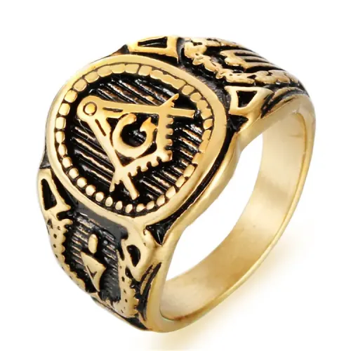 RTM2152 Gold-Tone Punk Masonic Ring Stainless Steel Finger Jewelry for Men