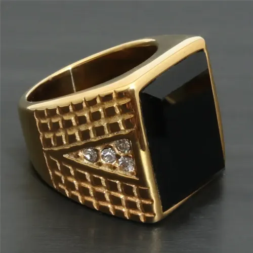 RTM2106 Large Black Stone Ring Sleek Stainless Steel Fashion Accessory for Men