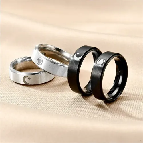 RTM1034 Stainless Steel Couple Rings Moon,Star & Sun Design for Love and Unity
