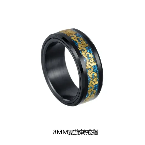 RTM1337 8MM Black Electroplated Stainless Steel Rotatable Ring with Chinese Dragon Design