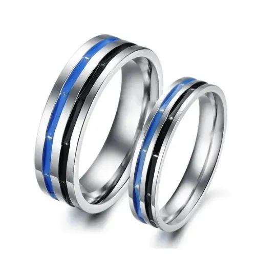 RTM2268 Korean Wave Blue and Black Stainless Steel Couple Rings Stylish Jewelry Set