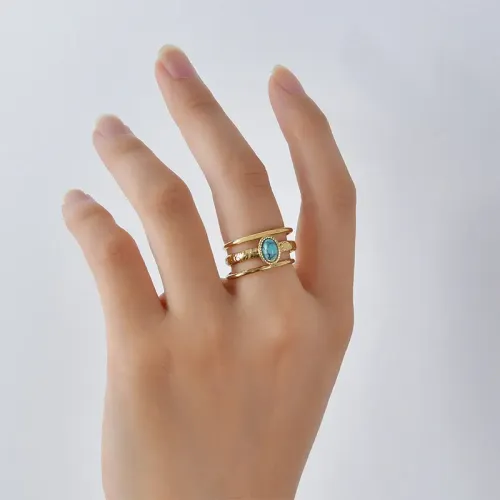 RTM2432 14K Gold Adjustable Ring for Women Triple Line Blue Stone Inlay