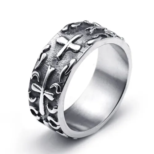 RTM2157 Stainless Steel Cross Ring with Crow & Flower Design Unisex Fashion Accessory