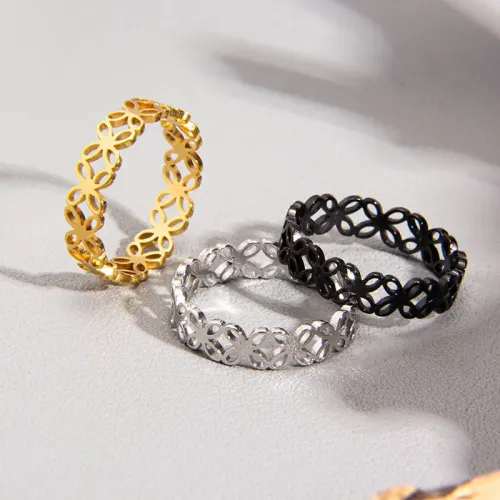 RTM1230 Laser Cut Four Leaf Flower Hollow Stainless Steel S Ring for Couples