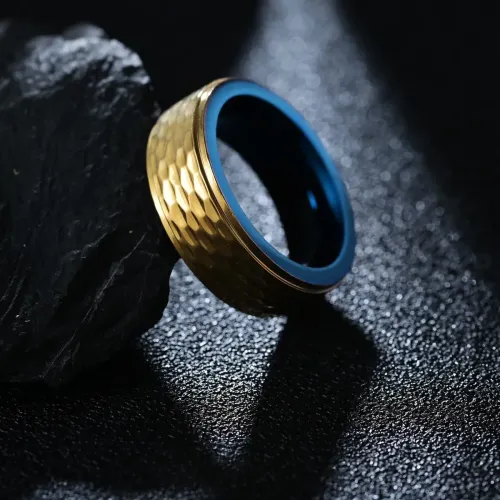 RTM1479 Blue & Gold Electroplated Tungsten Ring Hammered Pattern Men's Steel Jewelry