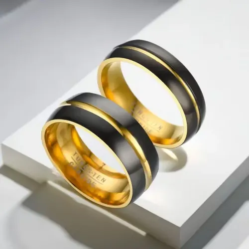 RTM681 Elegant Black Gold Stainless Steel Rings His and Hers Couple Set