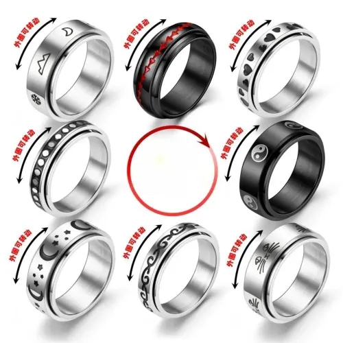 RTM2809 Lucky Cat Rotatable Ring Star Moon Stainless Steel Couple Jewelry