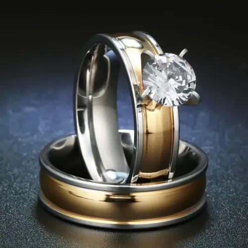 RTM2521 Elegant Zircon Couple Ring Stainless Steel Matching Bands