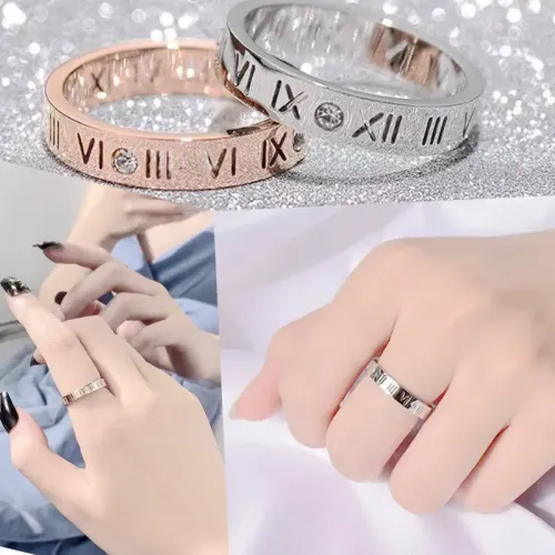 RTM854 Roman Numeral Zircon Inlaid Ring Stainless Steel Jewelry for Couples