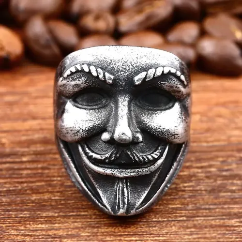 RTM2323 V for Vendetta Clown Mask Ring Stainless Steel Men's Film & TV Accessory