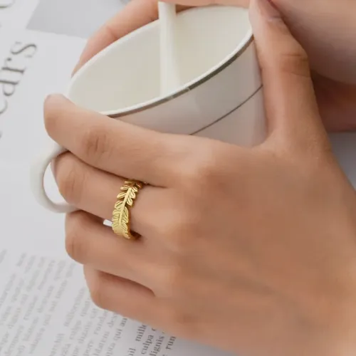 RTM2497 14K Gold Plated Stainless Steel Leaf Ring for Women Adjustable & Engraved
