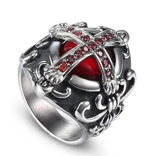 RTM588 Men's Titanium Steel Cross Ring with Ruby Set Stainless Steel Band
