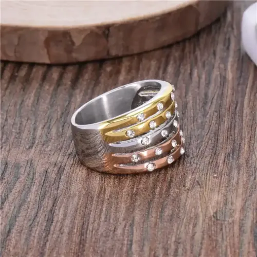 RTM356 Three-Color Rhinestone Titanium Steel Ring Elegant Women's Jewelry Gift