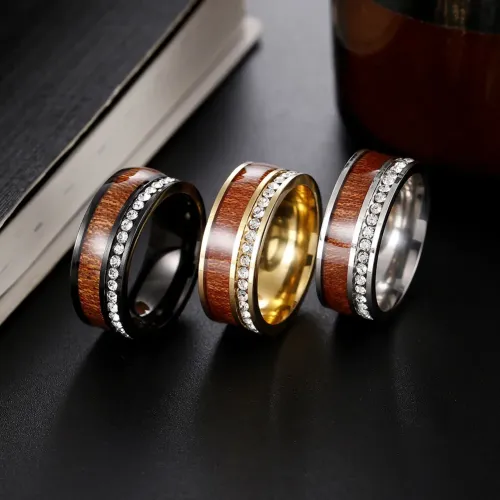 RTM1408 Luxury Zircon Inlaid Acacia Wood Grain Ring Elegant Couple Jewelry