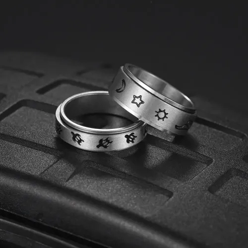 RTM1389 Stress Relief Stainless Steel Ring Wisteria & Weather Motifs with Turtle,Cat Designs