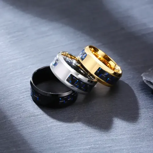 RTM99 Men's 8MM Blue Black Carbon Fiber Stainless Steel Ring Modern Jewelry