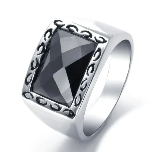 RTM2169 Punk Black Gemstone Ring Stainless Steel Engraved Band for Men