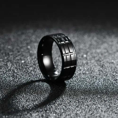 RTM1254 Black Plated Stainless Steel Men's Ring with Intricate Pattern Design