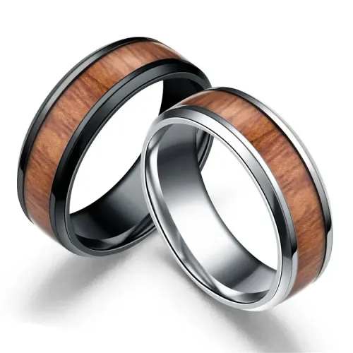 RTM2737 Elegant Wood Grain Inlaid Stainless Steel Ring Unique Jewelry Design