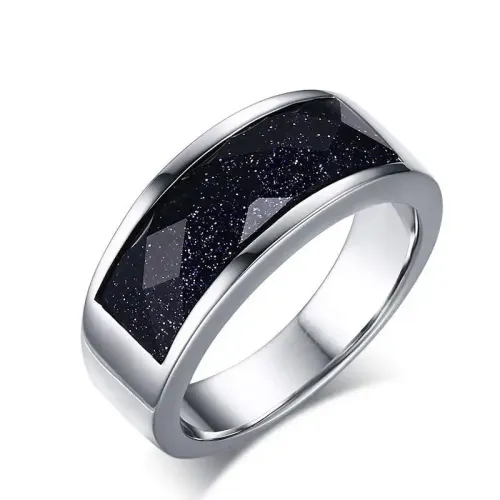 RTM37 Men's Blue Sand Stone Ring Titanium Steel Band Elegant Jewelry Accessory