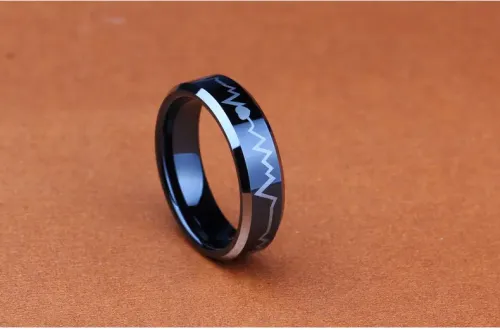 RTM2670 Black Double Beveled Heartbeat Couple Rings High-Quality Tail Ring