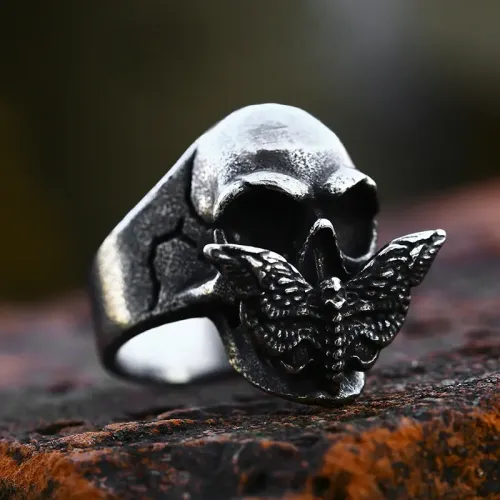 RTM2343 Men's Stainless Steel Moth Skull Ring Gothic Biker Jewelry Accessory