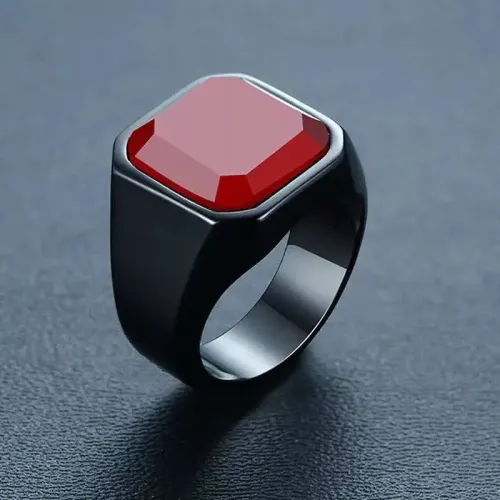 RTM1530 Elegant Stainless Steel Black Ring with Ruby Gemstone Atmosphere Jewelry