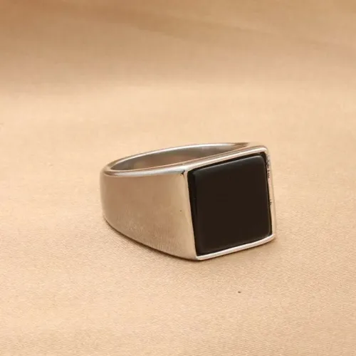 RTM1956 Elegant Black Sapphire Ring Square Stainless Steel with Epoxy Finish