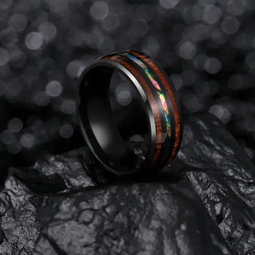 RTM1401 Hawaiian Acacia Wood & Stainless Steel Ring for Men Eco-Friendly Jewelry