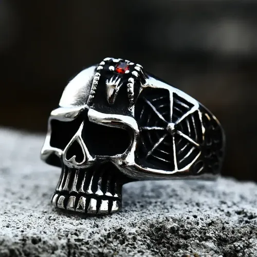 RTM2328 Men's Stainless Steel Skull Ring with Gemstone Engraved Gothic Jewelry