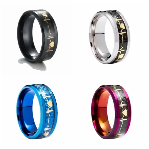 RTM1317 8mm Carbon Fiber Inlaid ECG Heartbeat Couple's Stainless Steel Ring