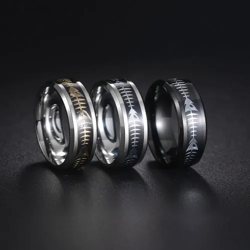 RTM1268 8MM Men's Stainless Steel Ring with Fishbone Design Trendy Jewelry Accessory