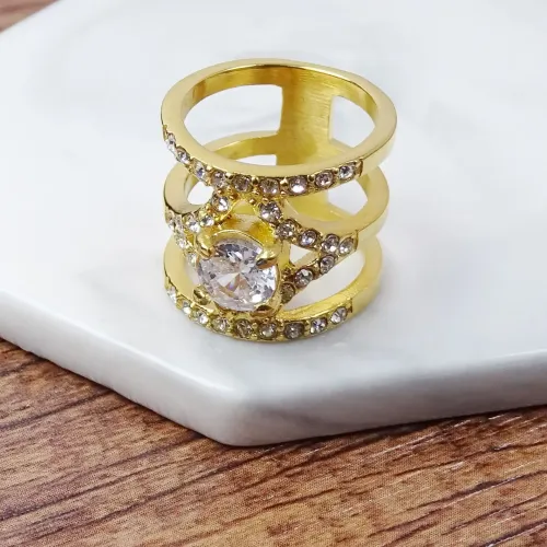 RTM399 18K Gold Round Diamond Ring Women's Geometric Titanium Stainless Steel