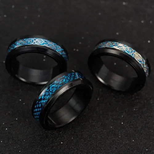 RTM1429 Men's Stainless Steel Rotating Ring with Carbon Fiber Dragon Pattern Stress Relief Jewelry