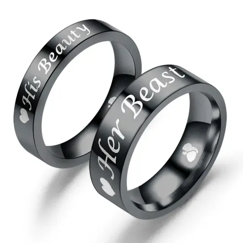 RTM2839 Black HerBeast HisBeauty Queen Couple Rings Unique Matching Set